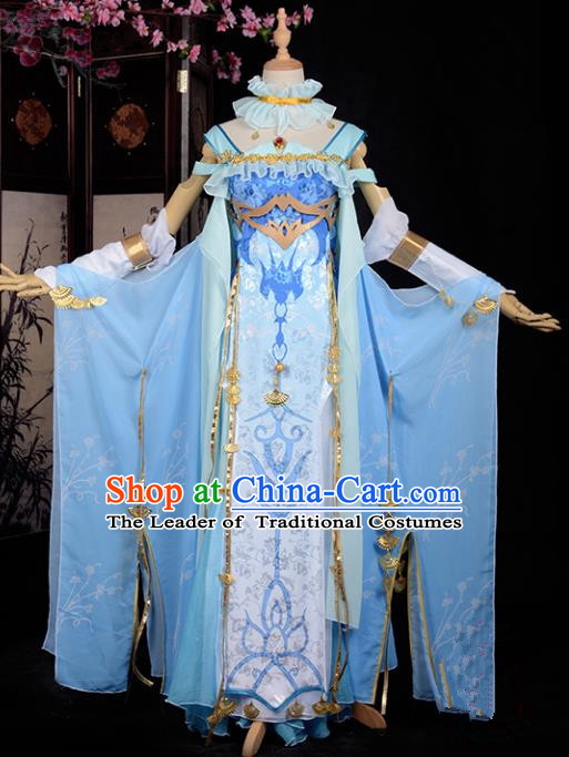 Chinese Ancient Cosplay Han Dynasty Fairy Costumes, Chinese Traditional Blue Embroidery Hanfu Dress Clothing Chinese Cosplay Princess Costume for Women