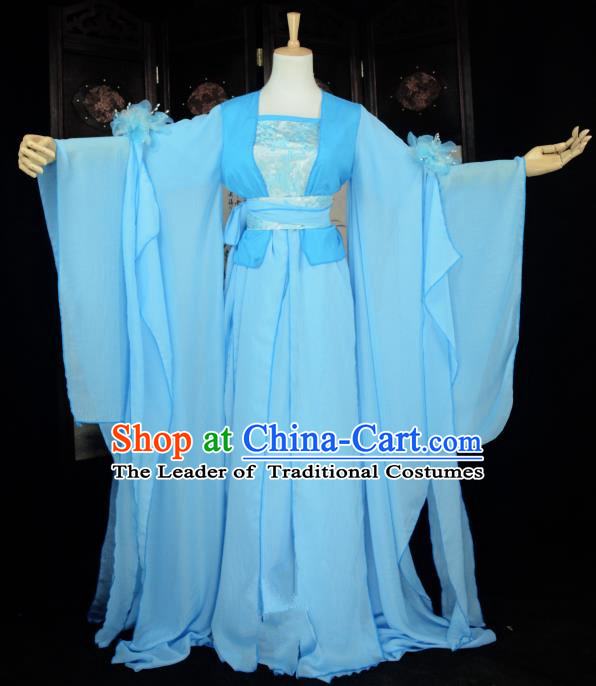 Chinese Ancient Cosplay Han Dynasty Princess Fairy Blue Dress, Chinese Traditional Hanfu Clothing Chinese Palace Lady Dance Costume for Women