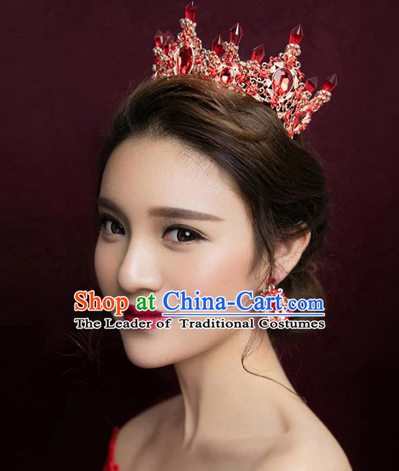 Top Grade Handmade Chinese Classical Hair Accessories Baroque Style Red Crystal Queen Royal Crown and Earrings, Hair Sticks Hair Jewellery Hair Clasp for Women