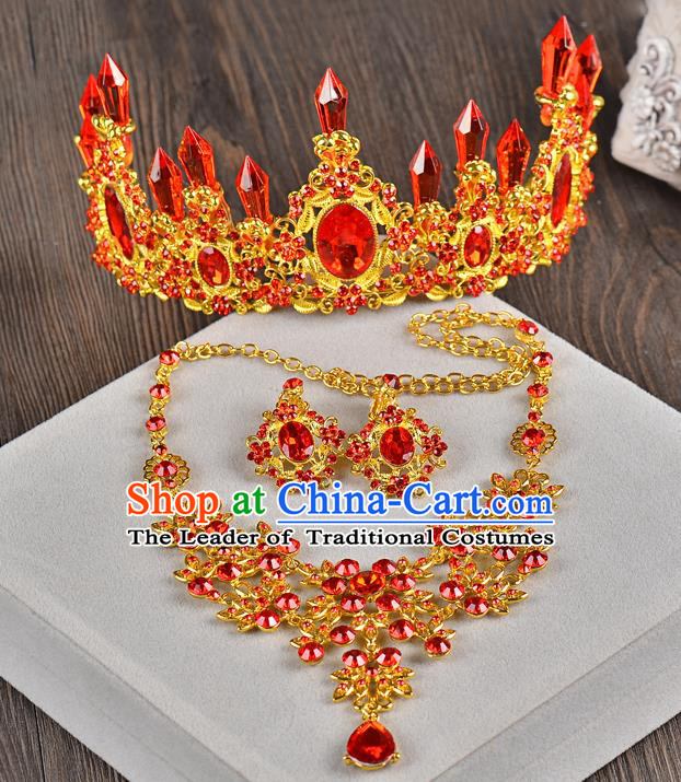 Top Grade Handmade Chinese Classical Hair Accessories Baroque Style Red Crystal Queen Royal Crown and Necklace Earrings, Hair Sticks Hair Jewellery Hair Clasp for Women