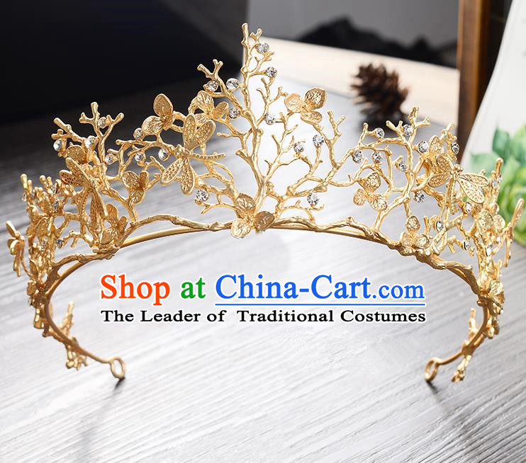 Top Grade Handmade Chinese Classical Hair Accessories Baroque Style Headband Golden Dragonfly Princess Royal Crown, Hair Sticks Hair Jewellery Hair Clasp for Women