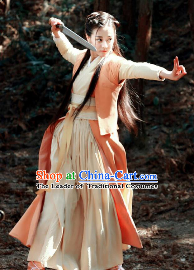 Traditional Ancient Chinese Qin Dynasty Chivalrous Lady Costume and Headpiece Complete Set, Chinese The King Woman Swordswoman Hanfu Clothing