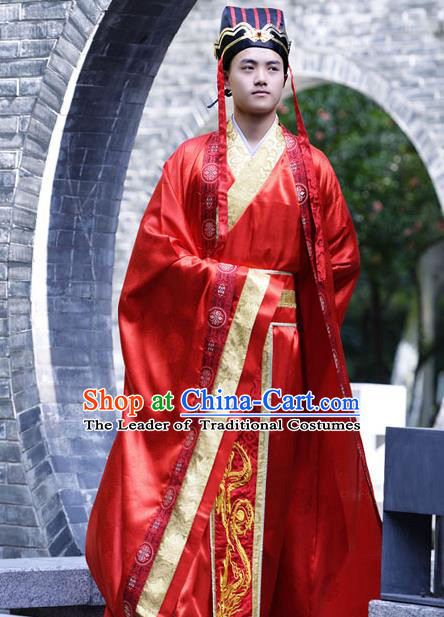 Traditional Chinese Han Dynasty Nobility Childe Hanfu Costume Wedding Red Long Robe, China Ancient Bridegroom Clothing Complete Set for Men