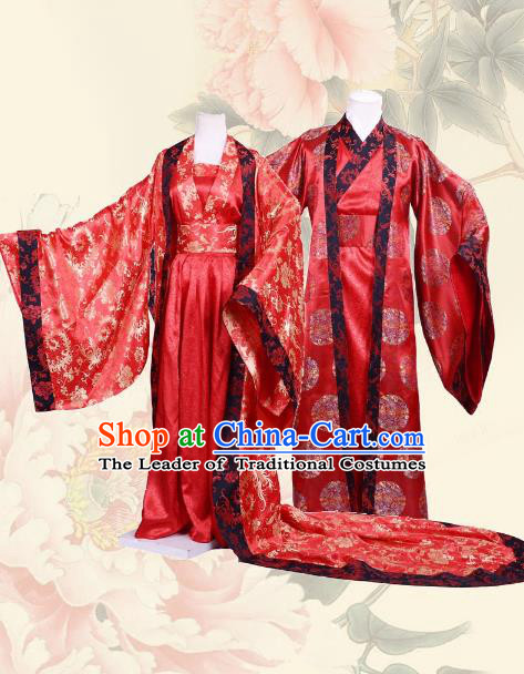 Traditional Chinese Han Dynasty Empress and Emperor Hanfu Costume Wedding Red Long Robe, China Ancient Bride Bridegroom Clothing Complete Set for Women for Men