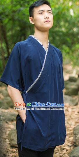 Traditional Ancient Chinese National Costume Hanfu Navy Shirts, China Tang Suit Upper Outer Garment Clothing for Men