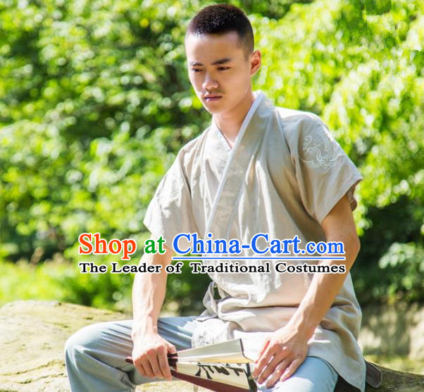 Traditional Ancient Chinese National Costume Hanfu Beige Shirts, China Tang Suit Upper Outer Garment Embroidery Clothing for Men