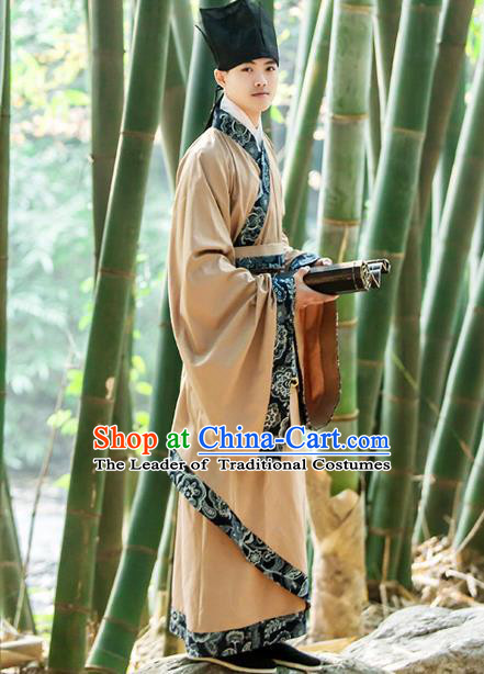 Traditional Chinese Han Dynasty Nobility Childe Hanfu Costume, China Ancient Scholar Curve Bottom Long Robe Clothing for Men