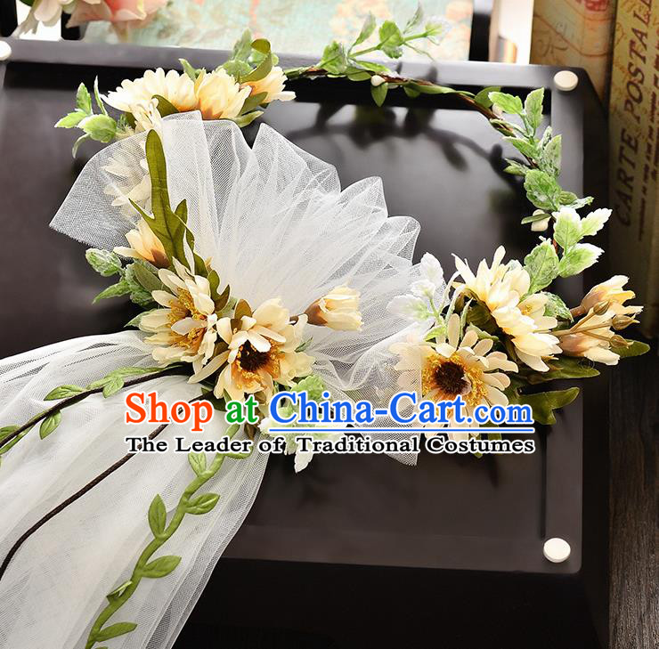 Top Grade Handmade Chinese Classical Hair Accessories Baroque Style Wedding Yellow Flowers Headband and Veil, Bride Hair Sticks Hair Clasp for Women