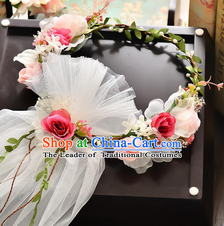 Top Grade Handmade Chinese Classical Hair Accessories Baroque Style Wedding Rosy Flowers Headband and Veil, Bride Hair Sticks Hair Clasp for Women