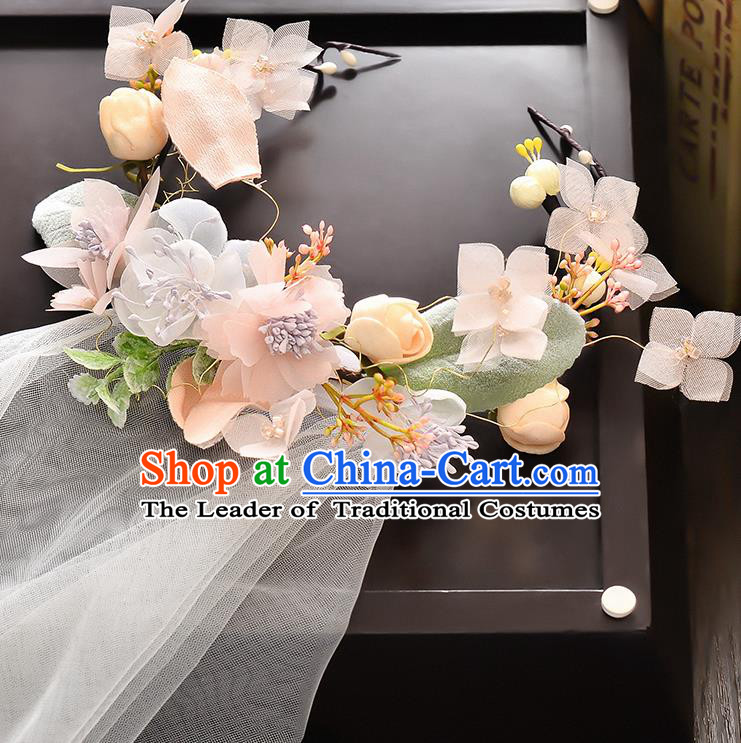 Top Grade Handmade Chinese Classical Hair Accessories Baroque Style Wedding Pink Flowers Garland and Veil, Bride Hair Sticks Hair Clasp for Women
