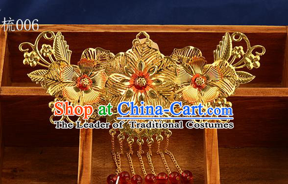 Traditional Handmade Chinese Ancient Classical Hair Accessories Xiuhe Suit Golden Tassel Hair Comb, Hair Sticks Hair Jewellery Hair Fascinators for Women