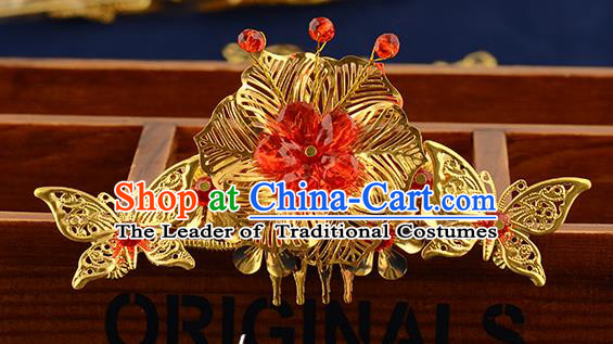 Traditional Handmade Chinese Ancient Classical Hair Accessories Xiuhe Suit Red Flower Hair Comb, Hair Sticks Hair Jewellery Hair Fascinators for Women
