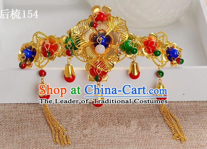 Traditional Handmade Chinese Ancient Classical Hair Accessories Xiuhe Suit Golden Flowers Beads Tassel Hair Comb, Hair Sticks Hair Jewellery Hair Fascinators for Women