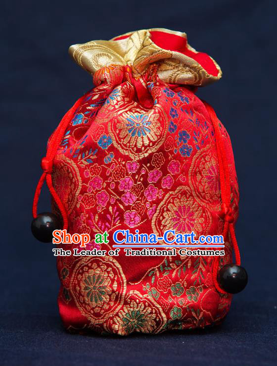 Traditional Handmade Chinese Ancient Young Lady Pouch Red Handbags, China Hanfu Embroidery Satin Sachet for Women
