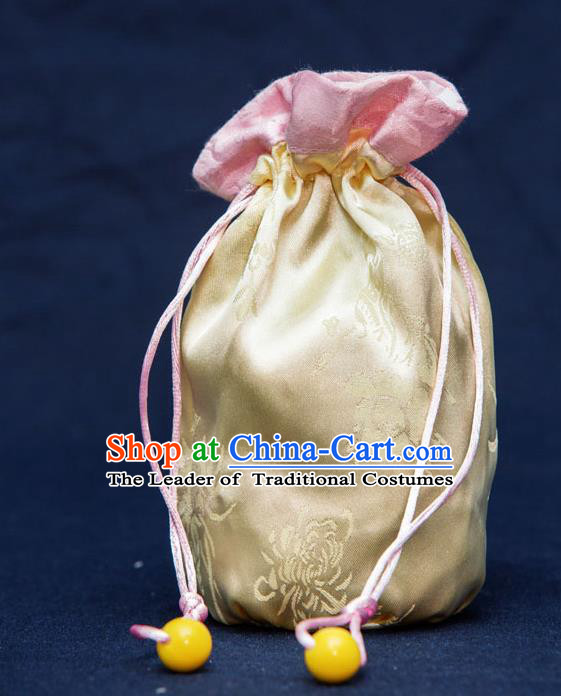 Traditional Handmade Chinese Ancient Young Lady Pouch Yellow Handbags, China Hanfu Embroidery Satin Sachet for Women