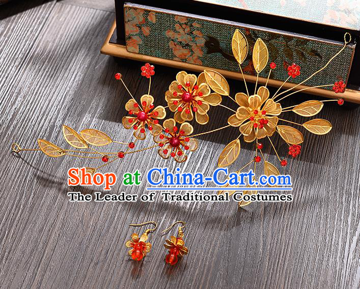 Traditional Handmade Chinese Ancient Classical Hair Accessories Xiuhe Suit Golden Flowers Hair Clasp, Hair Sticks Hair Jewellery Hair Fascinators for Women