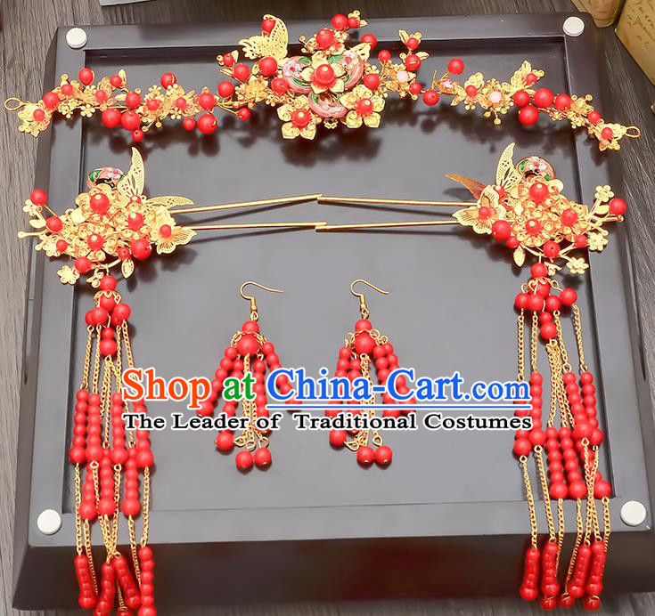 Traditional Handmade Chinese Ancient Classical Hair Accessories Xiuhe Suit Red Beads Tassel Hairpin Phoenix Coronet Complete Set, Step Shake Hair Sticks Hair Jewellery Hair Fascinators for Women