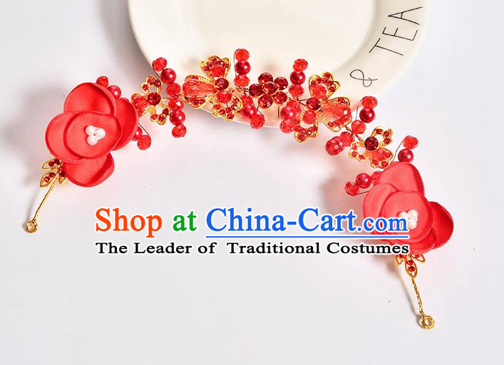 Top Grade Handmade Chinese Classical Hair Accessories Baroque Style Wedding Red Flowers Hair Stick Headband Bride Hair Claw for Women