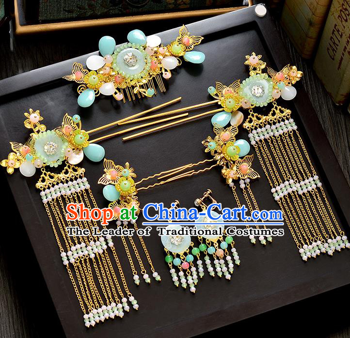 Traditional Handmade Chinese Ancient Wedding Hair Accessories Xiuhe Suit Pearls Tassel Hair Comb Complete Set, Bride Hanfu Hair Sticks Hair Jewellery for Women