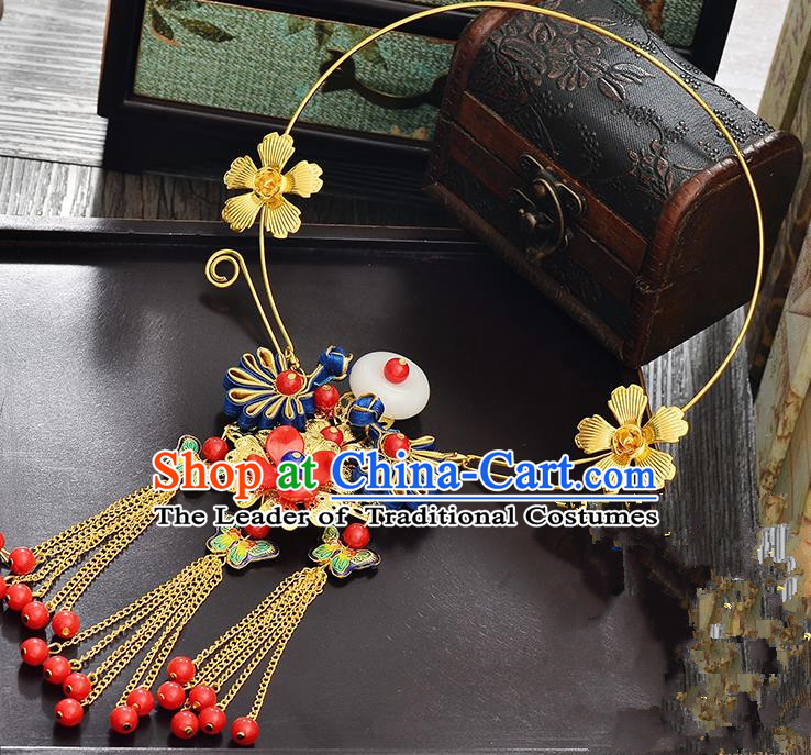 Top Grade Handmade Chinese Classical Jewelry Accessories Xiuhe Suit Wedding Necklace Bride Blueing Butterfly Flowers Tassel Necklet for Women