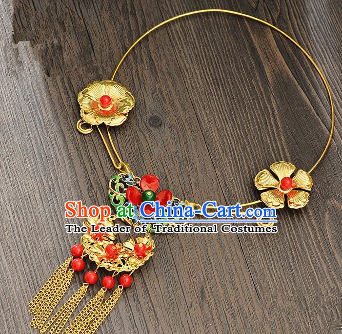 Top Grade Handmade Chinese Classical Jewelry Accessories Xiuhe Suit Wedding Necklace Bride Golden Flowers Tassel Collar Necklet for Women