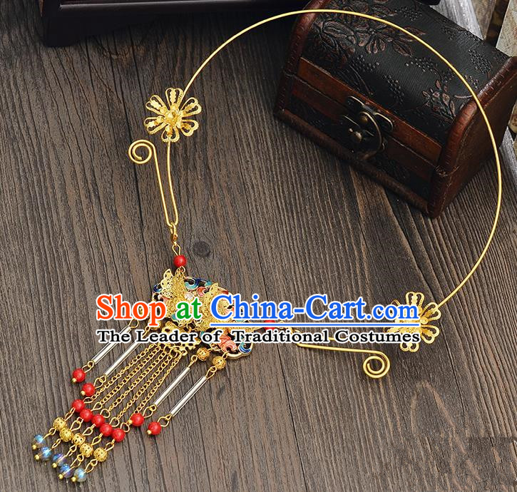 Top Grade Handmade Chinese Classical Jewelry Accessories Xiuhe Suit Wedding Necklace Bride Blueing Butterfly Tassel Collar Necklet for Women