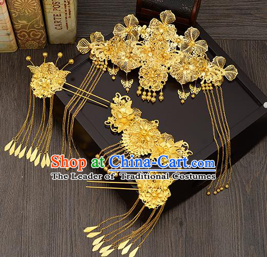 Traditional Handmade Chinese Ancient Wedding Hair Accessories Xiuhe Suit Golden Butterfly Tassel Step Shake Phoenix Coronet Complete Set, Bride Hair Sticks Hair Jewellery for Women