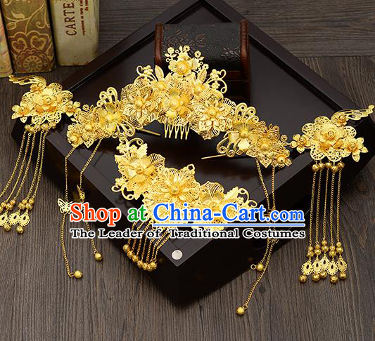 Traditional Handmade Chinese Ancient Wedding Hair Accessories Xiuhe Suit Golden Hair Comb Tassel Step Shake Phoenix Coronet Complete Set, Bride Hair Sticks Hair Jewellery for Women