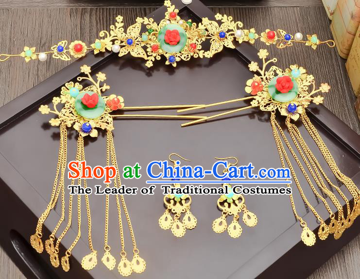 Traditional Handmade Chinese Ancient Wedding Hair Accessories Xiuhe Suit Tassel Step Shake Green Jade Frontlet Complete Set, Bride Hair Sticks Hair Jewellery for Women