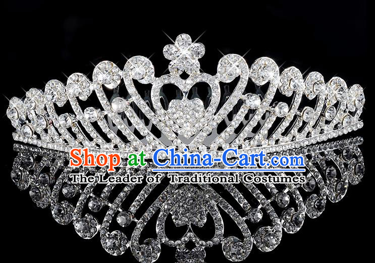 Top Grade Handmade Hair Accessories Baroque Style Wedding Crystal Heart-shaped Royal Crown, Bride Princess Hair Kether Jewellery Hair Clasp for Women
