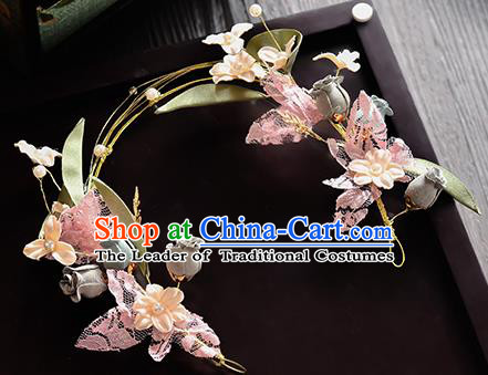 Top Grade Handmade Chinese Classical Hair Accessories Princess Wedding Pink Lace Flowers Butterfly Hair Clasp Headband Bride Headwear for Women