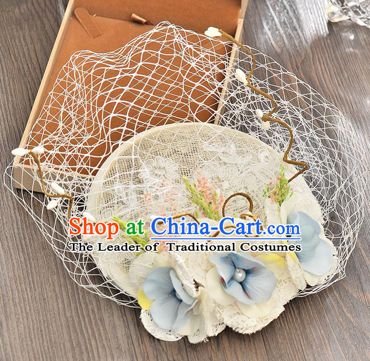 Top Grade Handmade Chinese Classical Hair Accessories Princess Wedding Blue Flower Veil Hat Top Hat Bride Headwear for Women