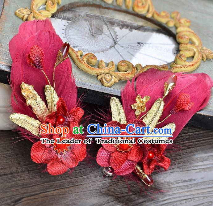 Top Grade Handmade Chinese Classical Hair Accessories Princess Wedding Red Feather Flower Hair Claw Hair Stick Bride Headwear for Women