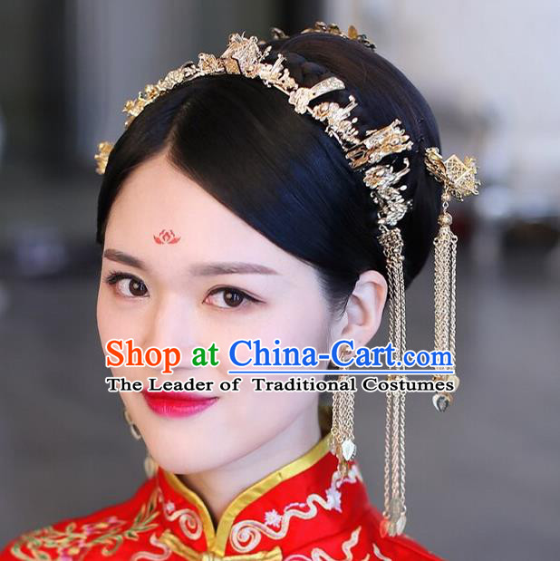 Traditional Handmade Chinese Ancient Wedding Hair Accessories Xiuhe Suit Phoenix Coronet Complete Set, Bride Tassel Step Shake Hanfu Hair Fascinators for Women