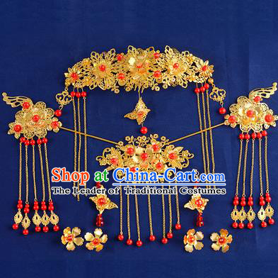 Traditional Handmade Chinese Ancient Wedding Hair Accessories Xiuhe Suit Tassel Phoenix Coronet Hairpins Complete Set, Bride Step Shake Hanfu Hair Fascinators for Women