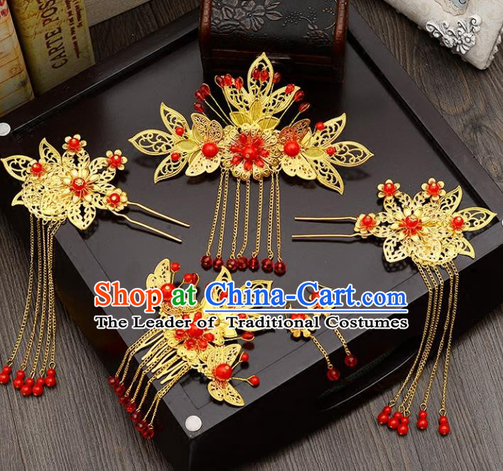Traditional Handmade Chinese Ancient Wedding Hair Accessories Xiuhe Suit Butterfly Hair Comb Complete Set, Bride Tassel Step Shake Hanfu Hair Fascinators for Women