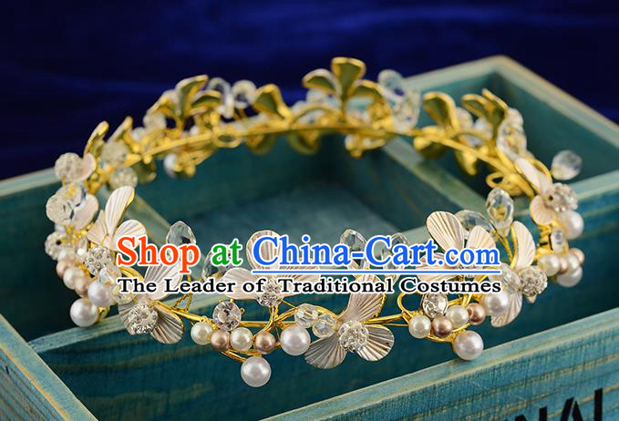 Top Grade Handmade Hair Accessories Baroque Style Wedding Pearls Golden Royal Crown, Bride Princess Hair Kether Jewellery Round Imperial Crown for Women