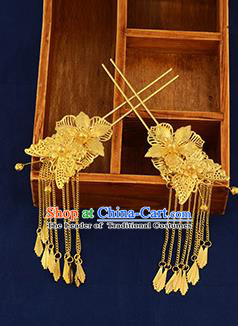 Traditional Handmade Chinese Ancient Wedding Hair Accessories Xiuhe Suit Ancient Costume Golden Tassel Hairpins, Bride Step Shake Hanfu Hair Sticks Hair Fascinators for Women