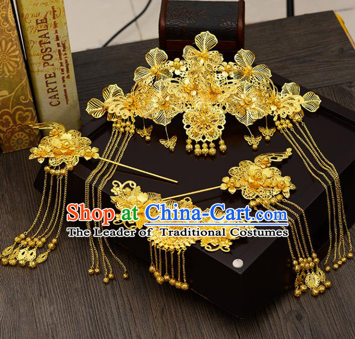 Traditional Handmade Chinese Ancient Wedding Hair Accessories Xiuhe Suit Golden Forehead Ornament Complete Set, Bride Palace Lady Step Shake Hanfu Hairpins for Women