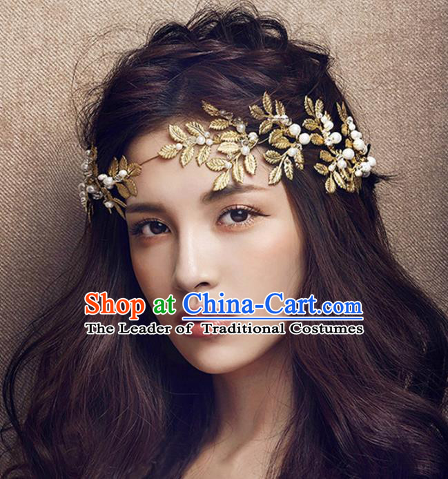 Top Grade Handmade Chinese Classical Hair Accessories Princess Wedding Baroque Golden Leaf Hair Clasp Bride Headband Headwear for Women