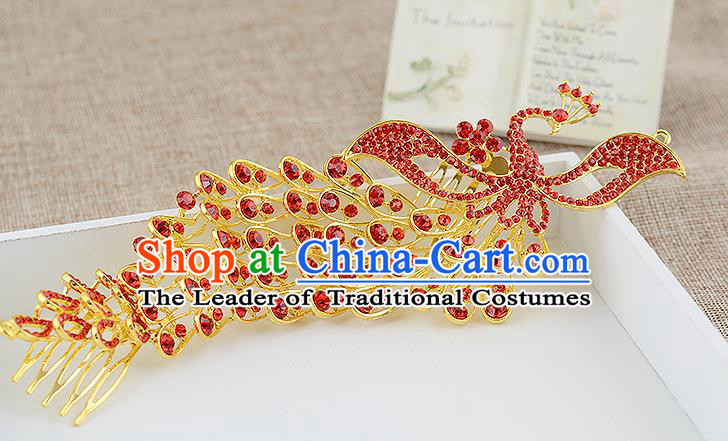 Top Grade Handmade Hair Accessories Baroque Luxury Red Crystal Phoenix Hair Stick, Bride Wedding Hair Kether Jewellery Princess Imperial Crown for Women