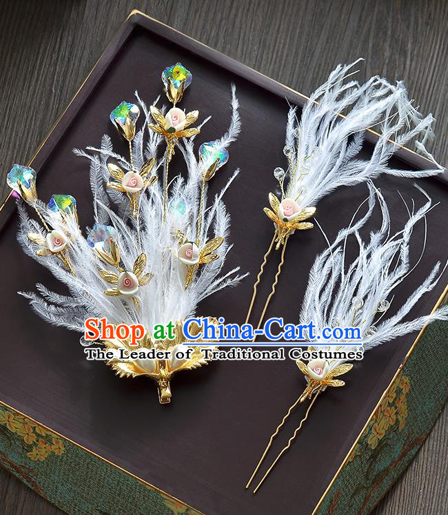 Top Grade Handmade Chinese Classical Hair Accessories Princess Wedding Baroque White Feather Hair Claw Bride Headband for Women