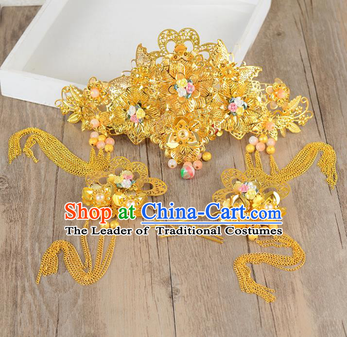 Traditional Handmade Chinese Ancient Costume Wedding Xiuhe Suit Phoenix Coronet Hair Accessories Complete Set, Bride Palace Lady Tassel Step Shake Hanfu Hairpins for Women