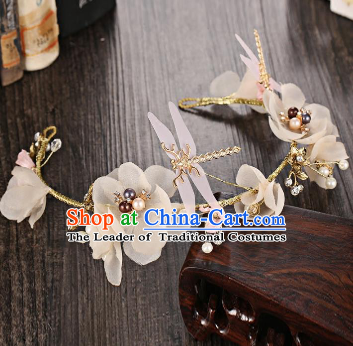 Top Grade Handmade Chinese Classical Hair Accessories Princess Wedding Baroque White Flowers Hair Clasp Bride Dragonfly Headband for Women