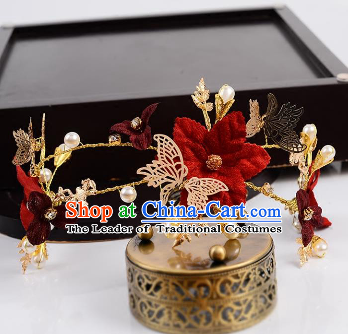 Top Grade Handmade Chinese Classical Hair Accessories Princess Wedding Baroque Red Flower Butterfly Hair Clasp Bride Headband Headwear for Women