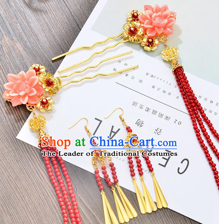 Traditional Handmade Chinese Ancient Costume Wedding Xiuhe Suit Hair Accessories Red Beads Tassel Hairpins, Bride Palace Lady Step Shake Hanfu Hairpins for Women