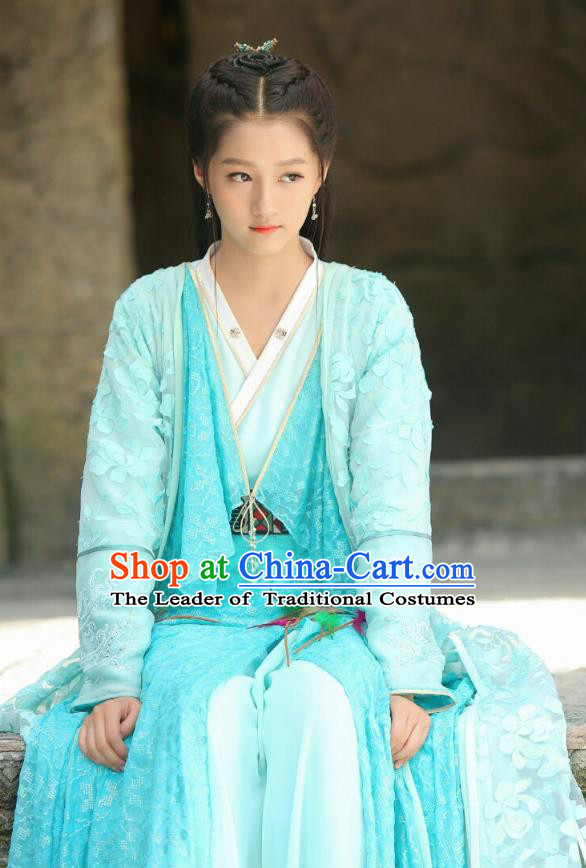 Traditional Chinese Ancient Times Nobility Lady Fairy Embroidery Costume and Headpiece Complete Set, Xuan-Yuan Sword Legend  The Clouds of Han Chinese Princess Hanfu Dress for Women