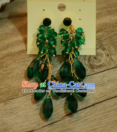 Top Grade Handmade Chinese Classical Jewelry Accessories Wedding Green Crystal Tassel Ear Stud Bride Hanfu Earrings for Women