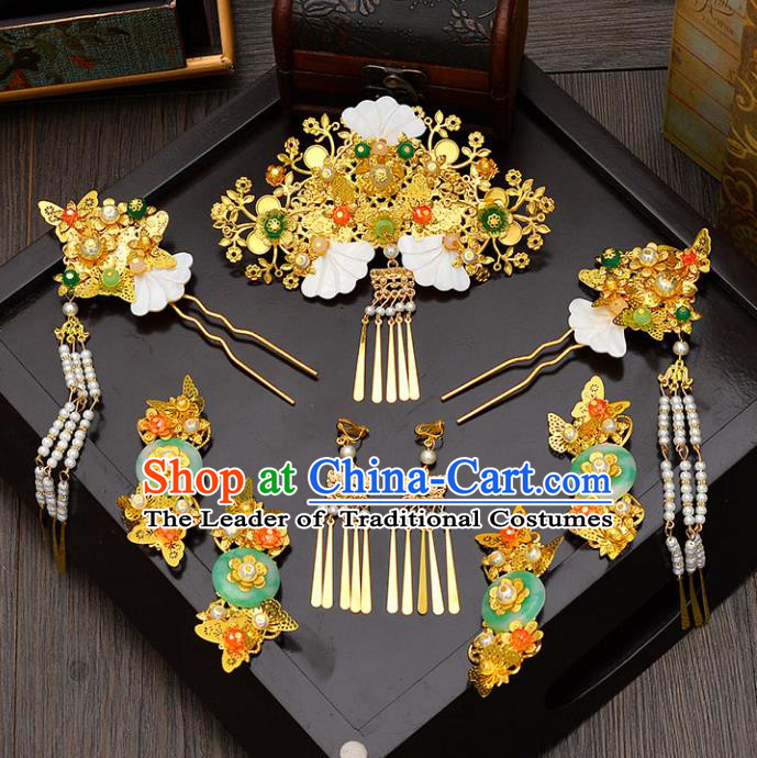 Traditional Handmade Chinese Wedding Xiuhe Suit Bride Jade Tassel Phoenix Coronet Hair Accessories Complete Set, Step Shake Hanfu Hairpins for Women