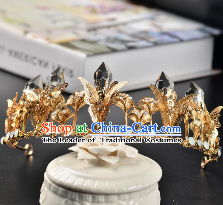 Top Grade Handmade Hair Accessories Baroque Queen Crystal Golden Butterfly Royal Crown, Bride Wedding Hair Jewellery Princess Imperial Crown for Women